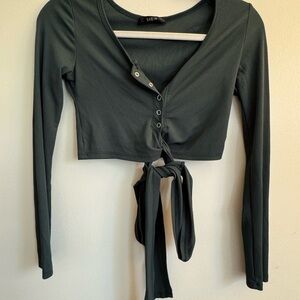SHEIN Black Long Sleeve Tie Front Crop Shirt